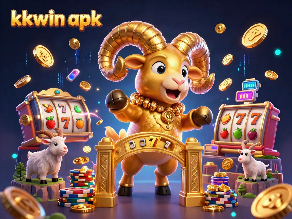 Experience an exhilarating moment with kkwin apk in this vivid casino scene, showcasing a golden ram and slot elements.