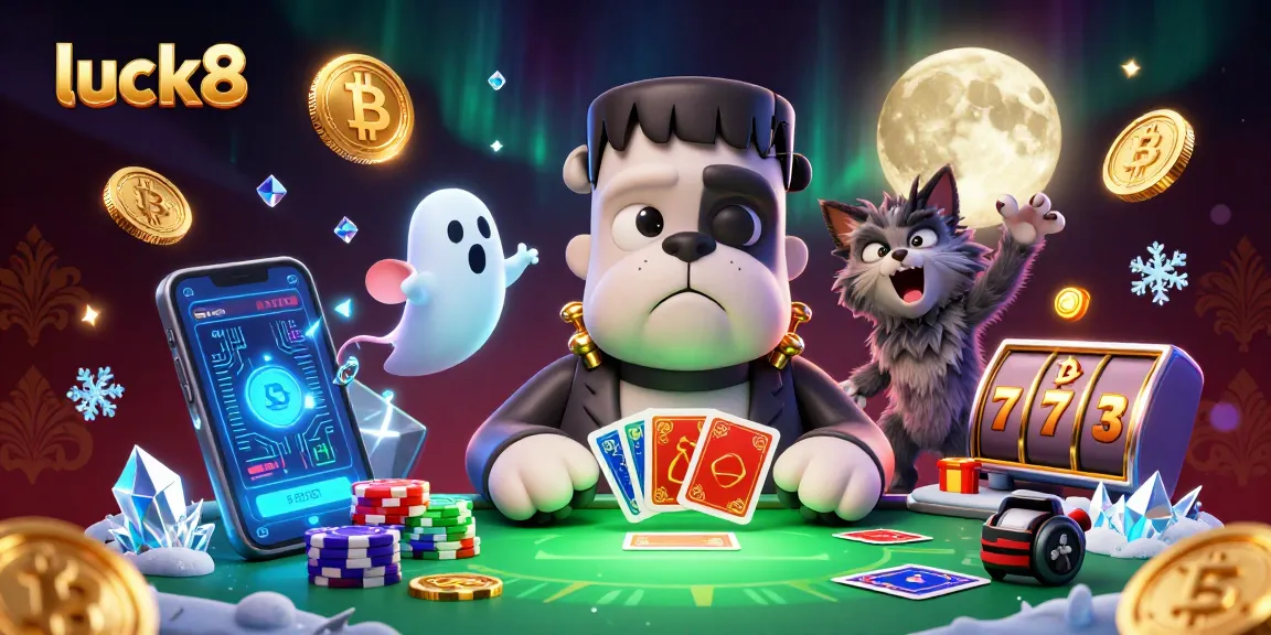 Engage in thrilling gambling action with luck8 while a monster deals cards amidst vibrant crypto symbols.