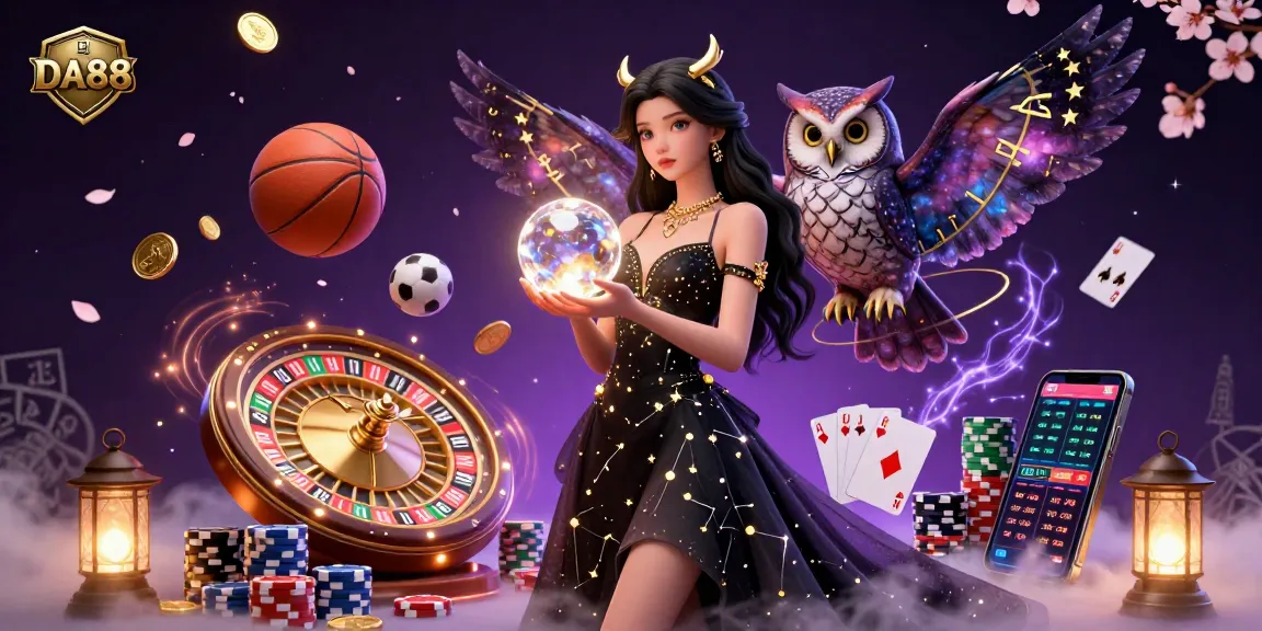 Bet big with DA88, showcasing a magical scene of sports betting excitement and casino elements, perfect for gamers.