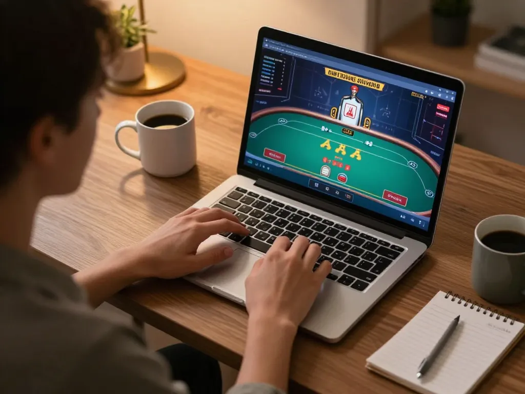 CO88 player using laptop for strategic online gaming session in a cozy home office