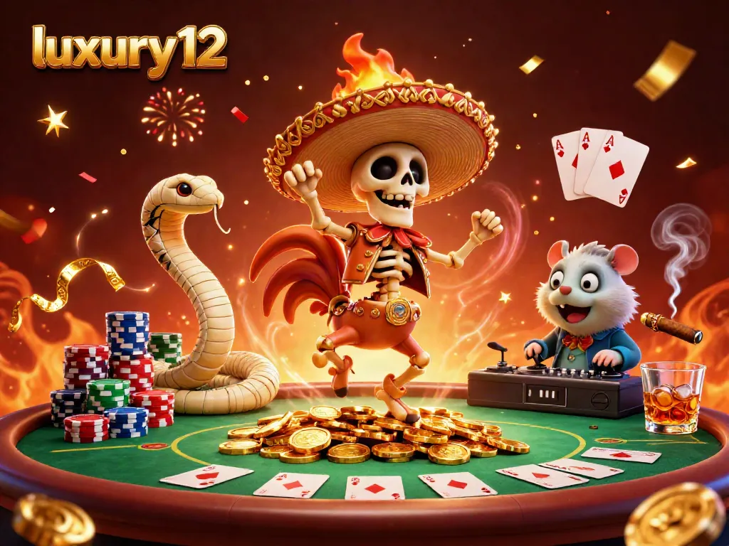 Experience luxury12 with vibrant casino characters celebrating on a poker table amidst confetti and gold coins.