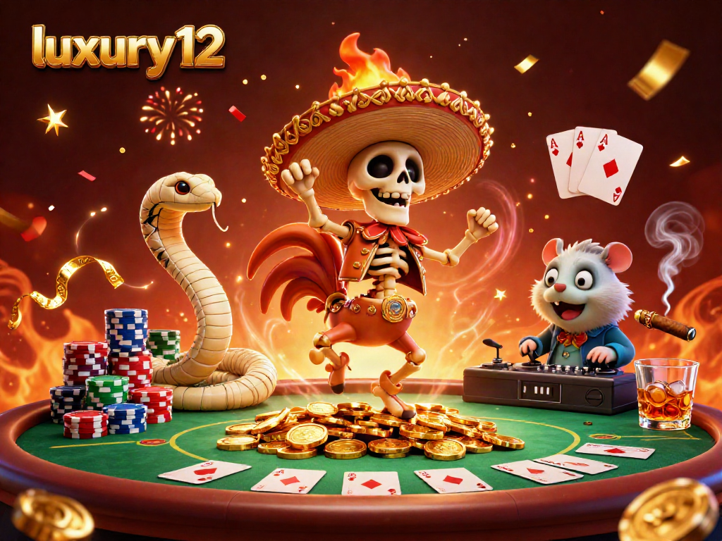 Experience luxury12 with vibrant casino characters celebrating on a poker table amidst confetti and gold coins.