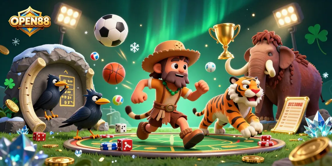 Experience the lively world of OPEN88 with a vibrant prehistoric casino scene featuring dynamic gaming elements.