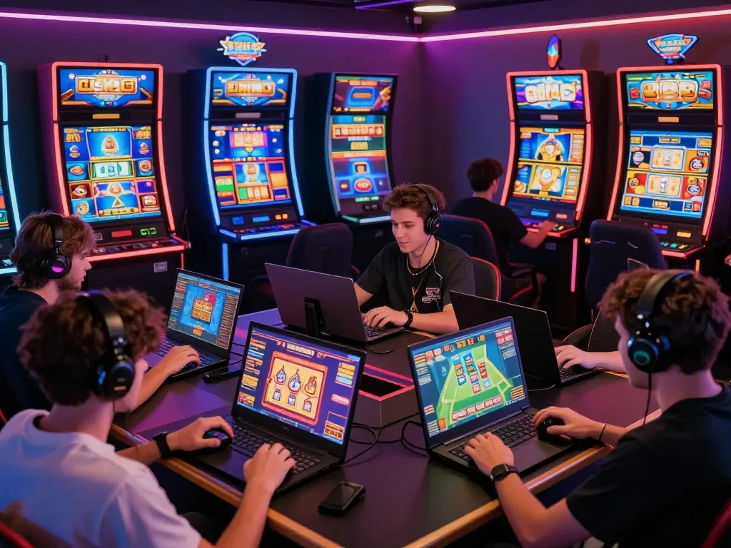 Hitclub online gaming players engaged in various games on their devices in a lively, colorful setting.