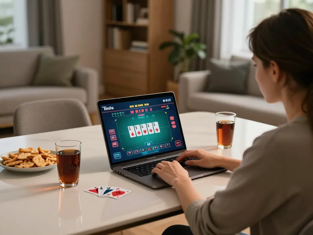 Engaging online poker gameplay on https://www.mnm88.com/ with laptop display, cozy home setting with snacks and drinks.