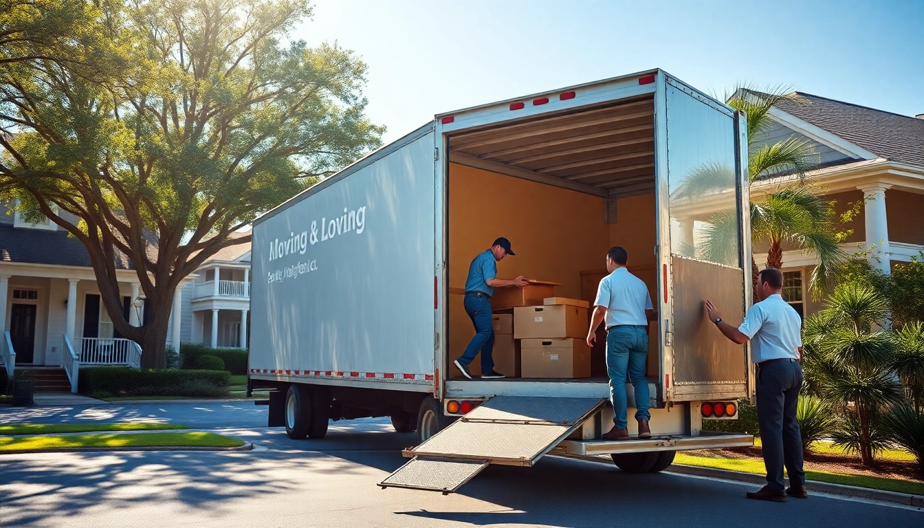 Moving companies Beaufort SC team efficiently packing a truck in a sunny neighborhood.