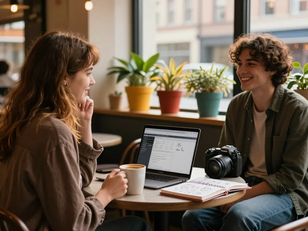 Young woman with a crush on someone, enjoying coffee and conversation at a café.
