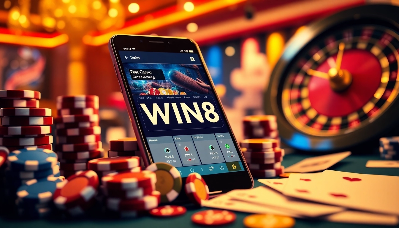 WIN88 online gambling experience showcasing exciting casino elements like chips and cards.