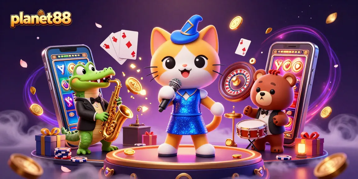 Experience exciting gameplay at planet88 with vibrant characters and casino elements in a lively illustration.
