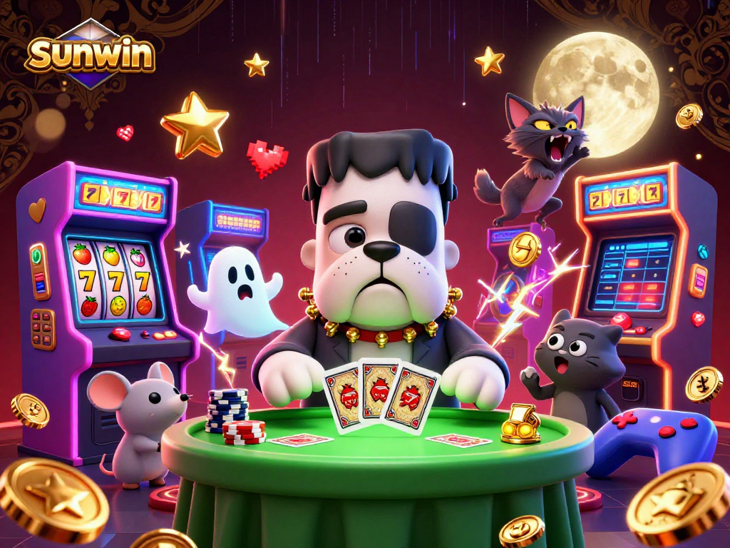 Sunwin showcases a lively casino scene with a bulldog monster dealing cards at a vibrant table.