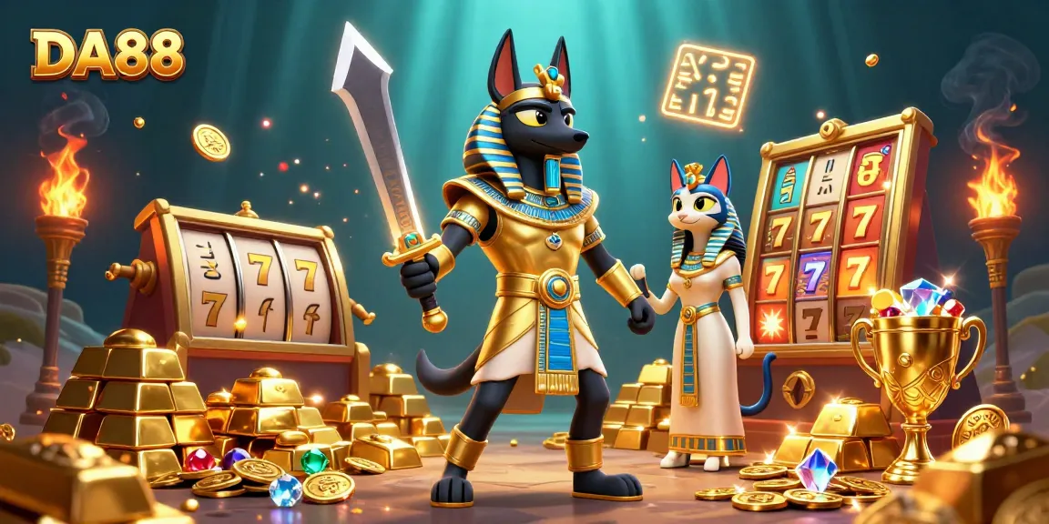 Experience the thrill of DA88 through a dynamic scene of casino excitement, showcasing characters amidst spinning slots and treasure.