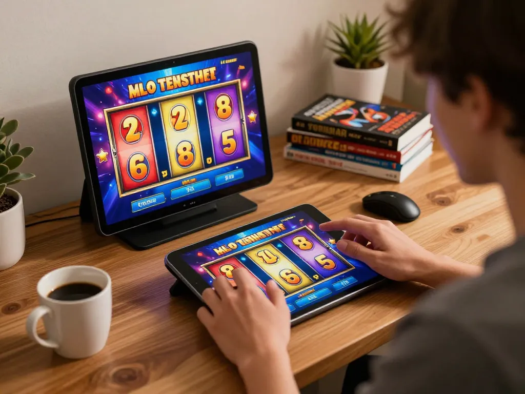 Engaged in u88 slot gaming from home, showing colorful reels and a cozy setup.