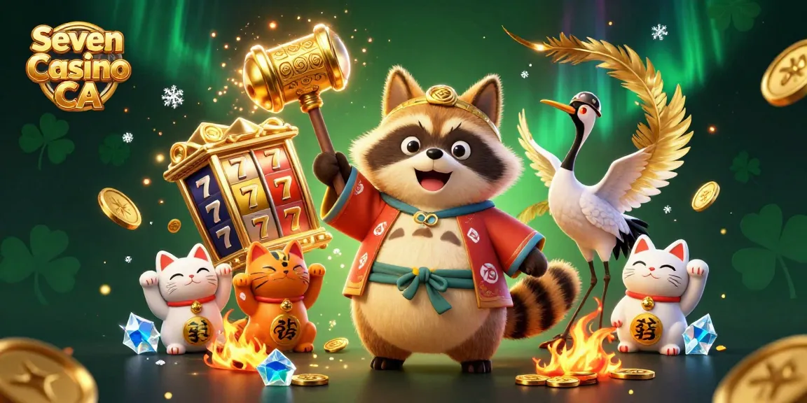 Exciting illustration of Seven Reels Casino CA showcasing a joyful tanuki and lucky maneki-neko amidst vibrant slot elements.