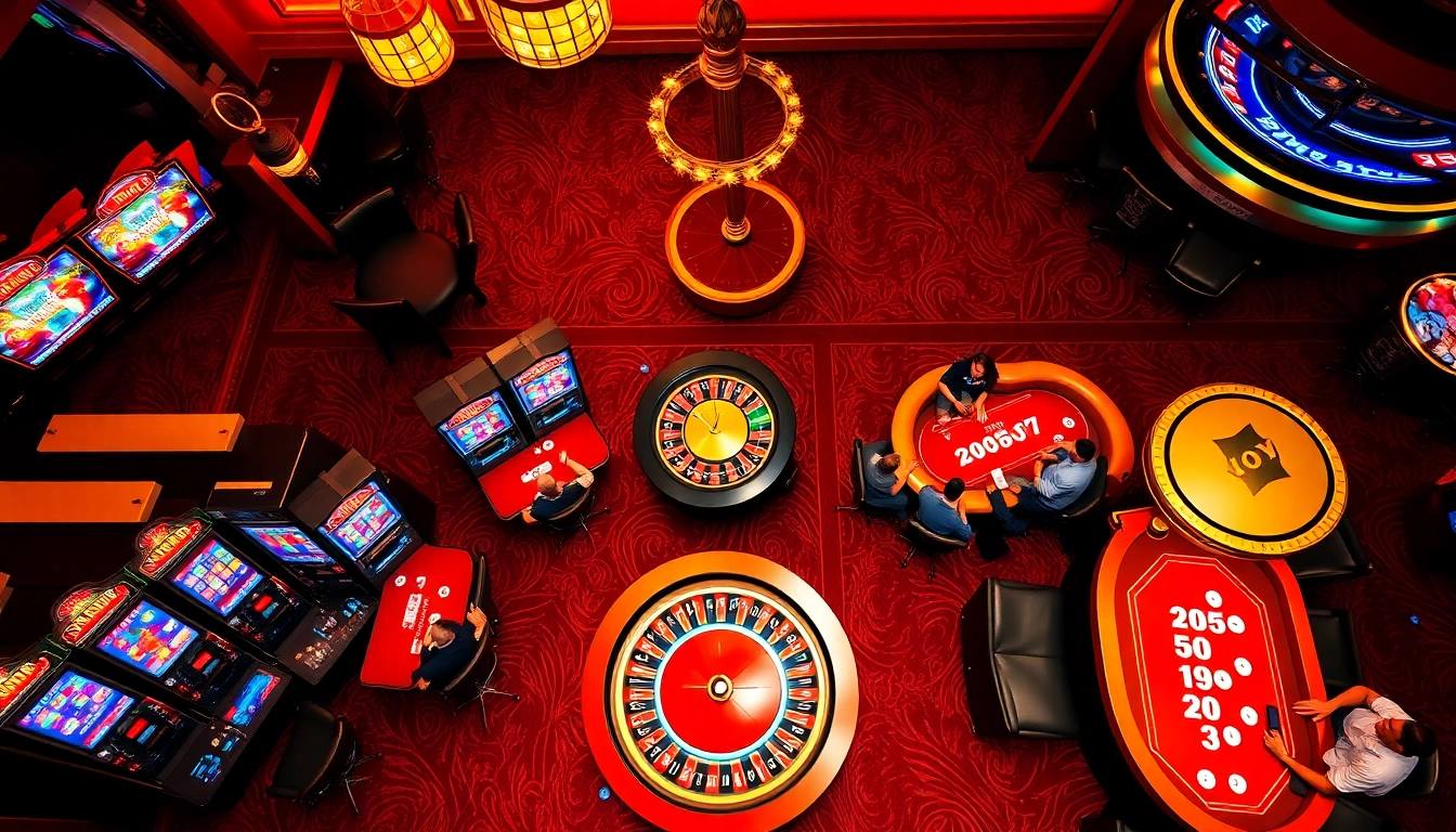 Players enjoying a vibrant casino scene at https://sky88sa.com/: slot machines, roulette, and poker action.