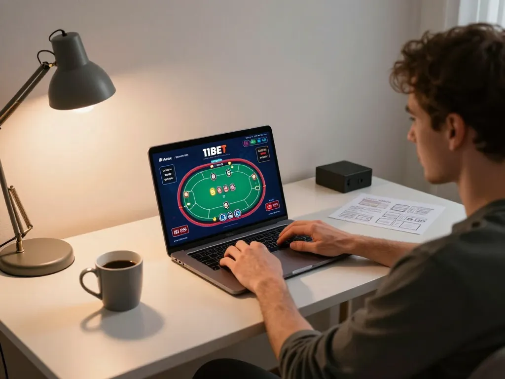 Player engaging in online gambling on 11BET from a modern home setup with strategic notes.