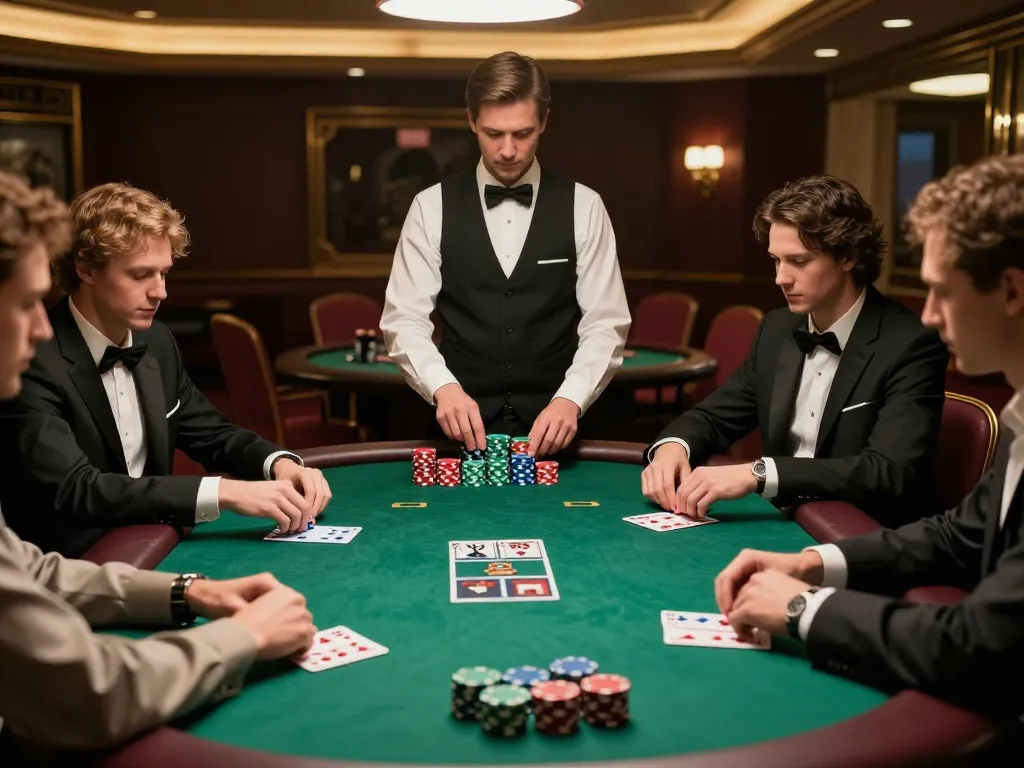 3WIN poker game in a sophisticated casino setting with players strategizing over colorful chips