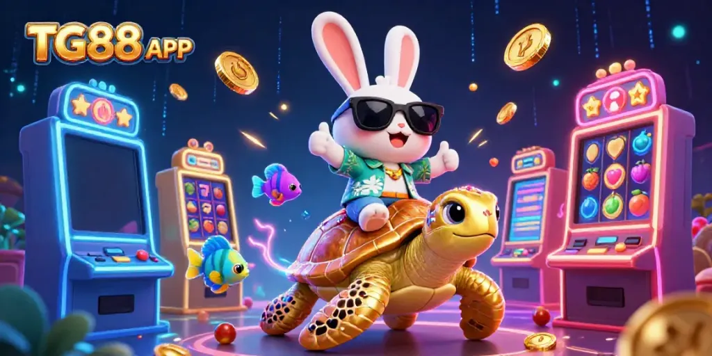 Engage with the TG88 APP as a lucky rabbit rides a golden turtle in a vibrant casino scene.