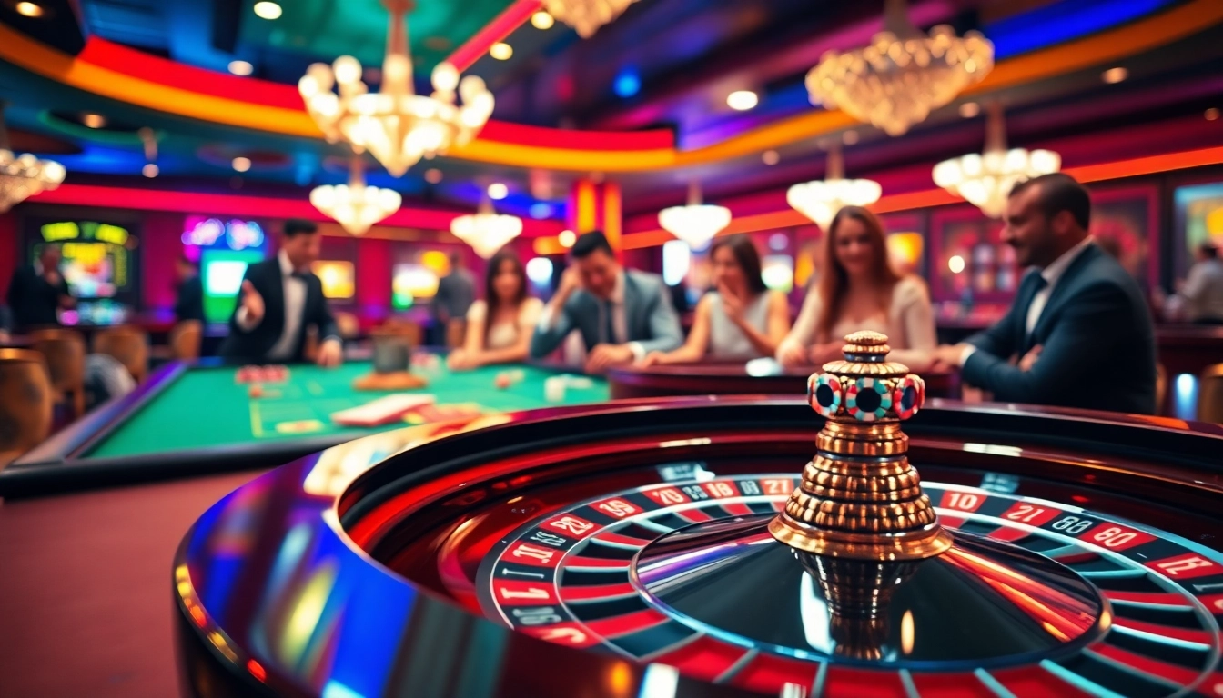 Un casino fiable en ligne avec une table de roulette animée et des joueurs enthousiastes.
