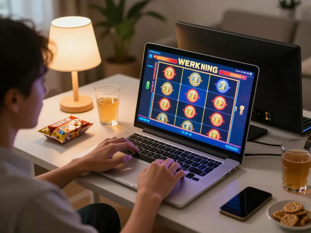 Player engaging with bin88 online slots in a cozy home environment, showcasing excitement and gaming interface