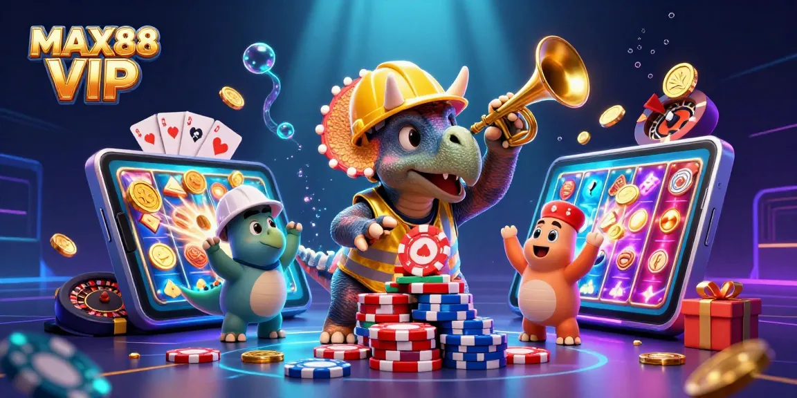 Experience MAX88 VIP excitement with a vibrant 3D cartoon scene featuring gambling elements and joyful characters.