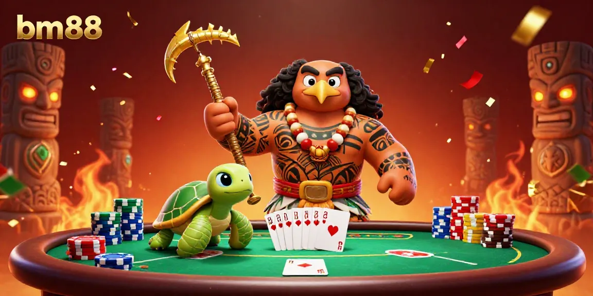 Play poker with vibrant elements as the bm88 brand comes alive through a demigod and turtle companions.