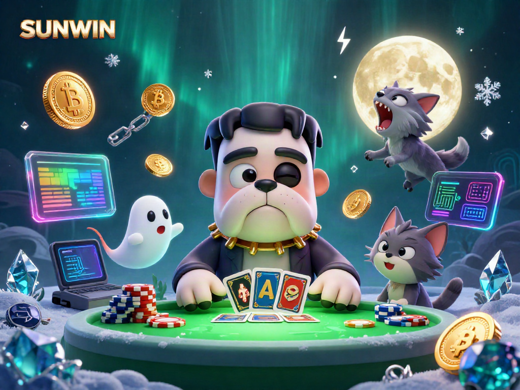 SUNWIN transports you to a thrilling casino scene with a bulldog monster and a werewolf kitten dealing cards.