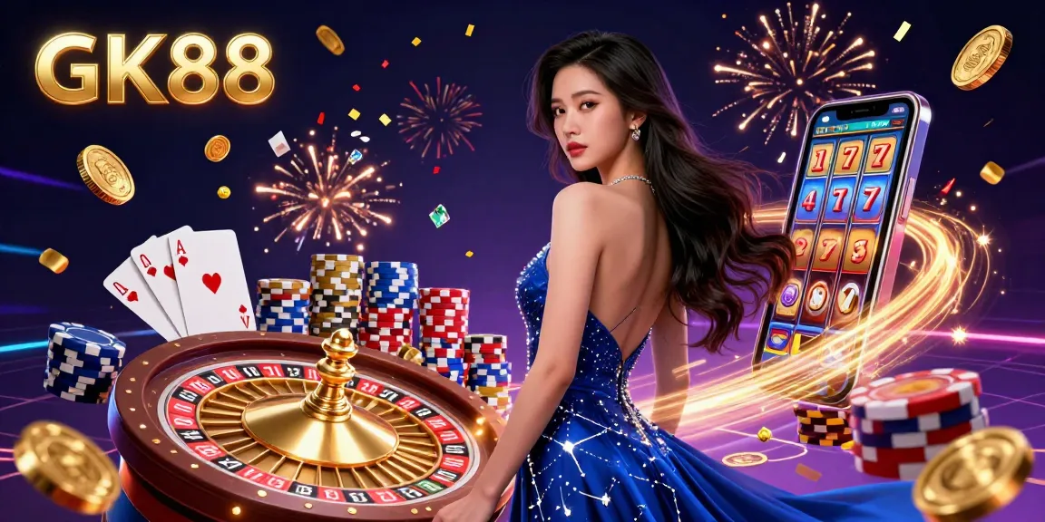 Experience thrilling gaming at GK88 with vibrant casino scenes filled with cascading coins and playing cards.