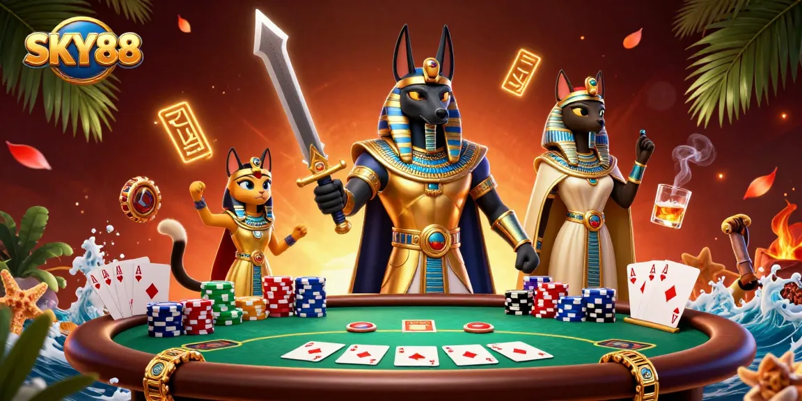 Experience thrilling poker action at SKY88 with Anubis and Bastet in an exhilarating cartoon scene.