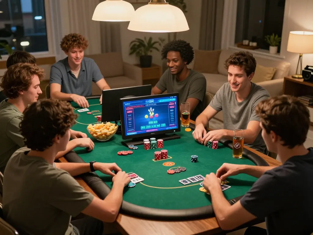 Friends enjoying an online poker game with rokok88 on multiple devices, showcasing a friendly competitive atmosphere.
