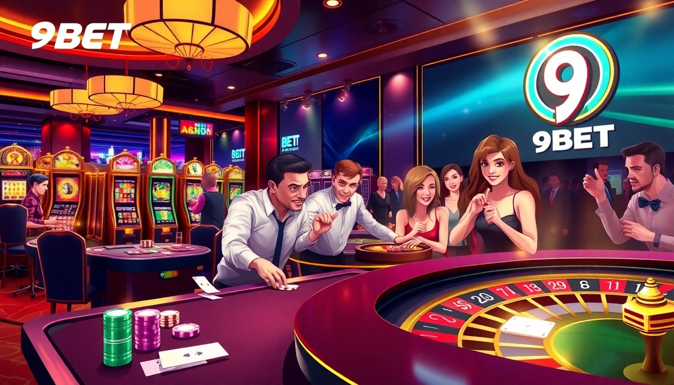 Players enjoying an exciting moment at the 9BET casino with vibrant gaming tables and slot machines.