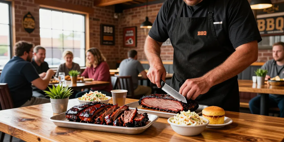 Delicious barbecue Alberta platter featuring smoked brisket, pulled pork, and ribs served in a vibrant smokehouse setting.