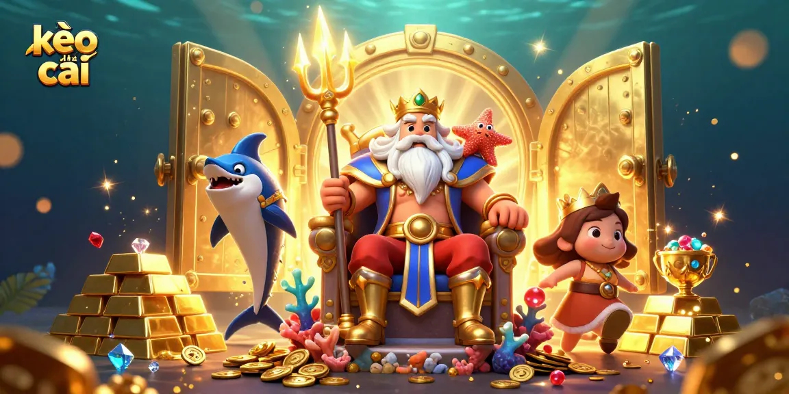 Engage with kèo nhà cái in a vibrant underwater scene featuring a cartoon Neptune and treasure elements.