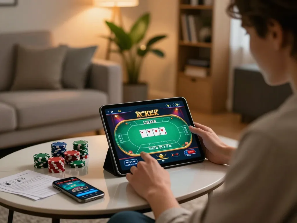 Engaged user playing poker on kkwin.in in stylish living room with tablet, showcasing responsible gambling.