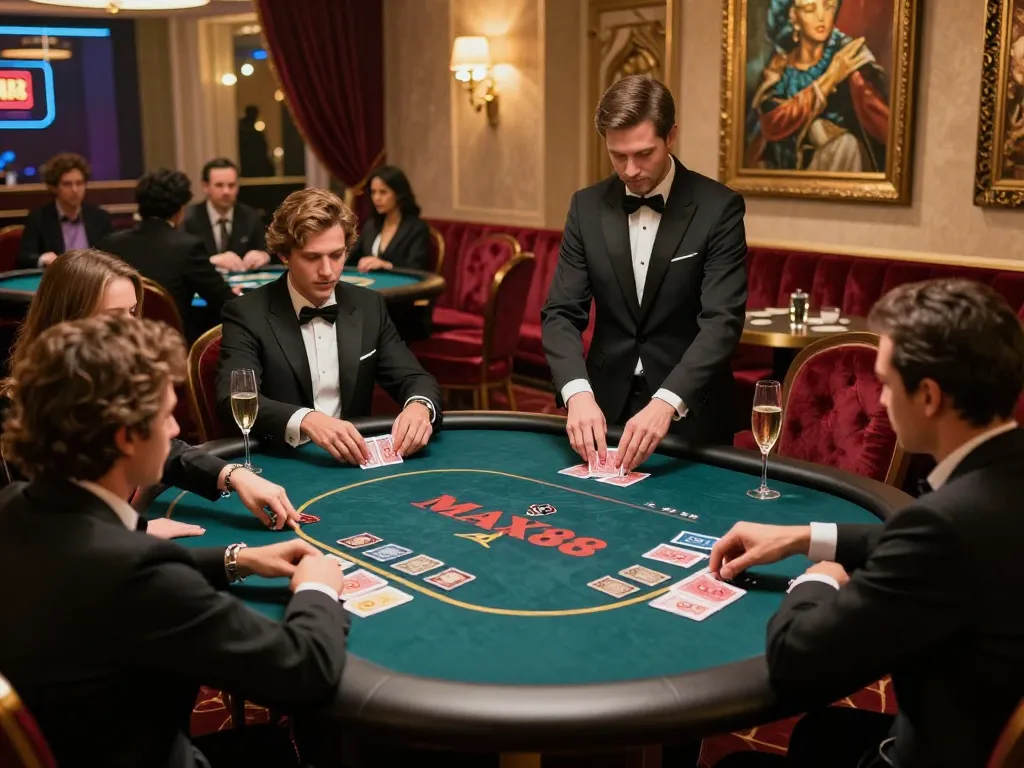 MAX88 exclusive poker scene with sophisticated players and professional dealer in luxurious ambiance.