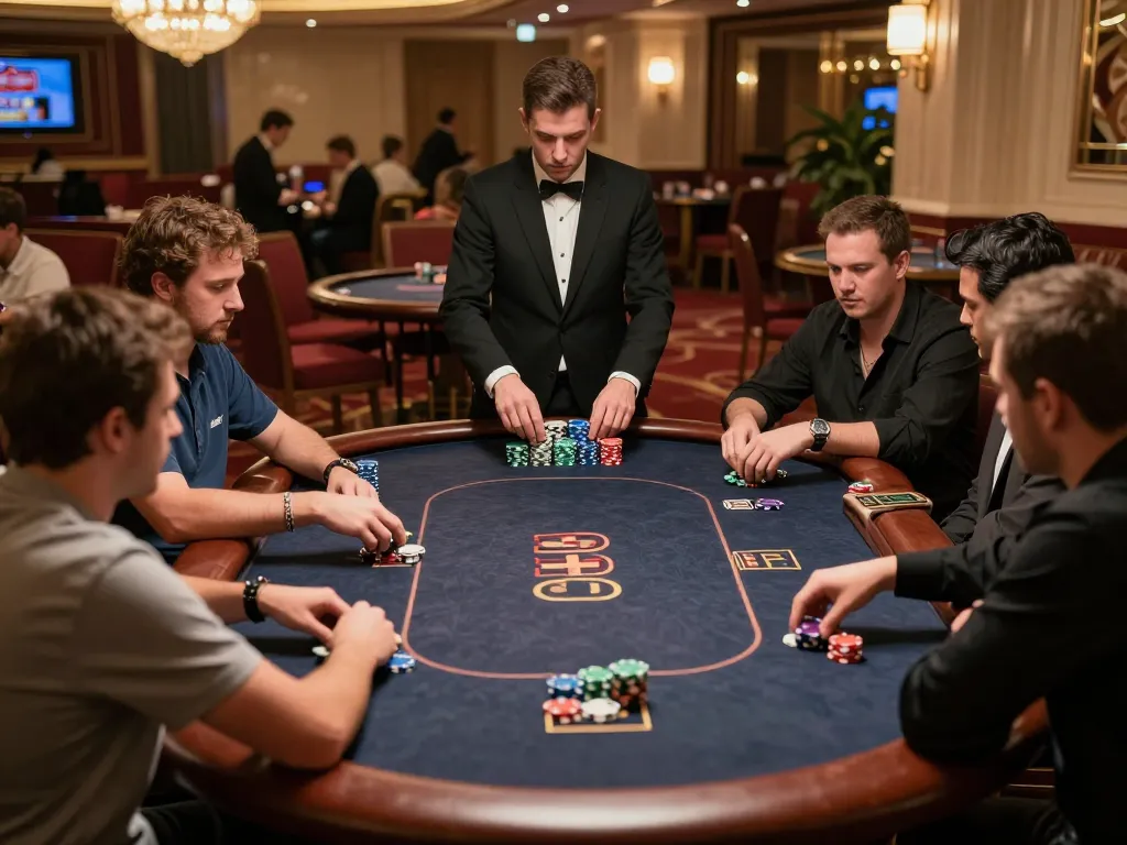 Players engaging in a thrilling poker game at 23win's upscale casino, showcasing strategic gameplay and high stakes.