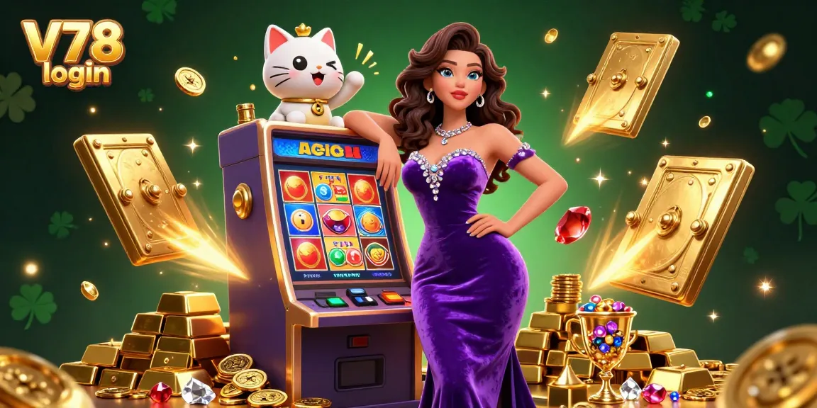 Terlibatlah dengan dunia perjudian yang mendebarkan melalui adegan menarik yang menampilkan proses "login V78", seperti yang diilustrasikan dengan seorang wanita glamor dan kucing keberuntungan.