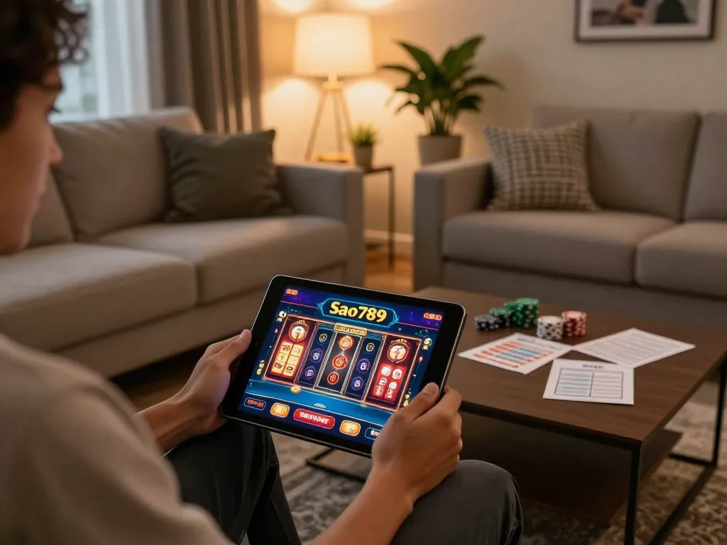 Sao789 player engaged in strategic gaming at home with a tablet, showcasing interactive casino games.