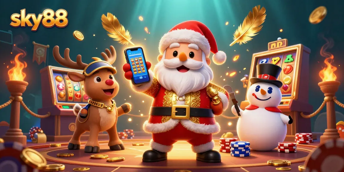 Experience thrilling wins with sky88 as Santa and friends celebrate jackpots in a colorful casino.