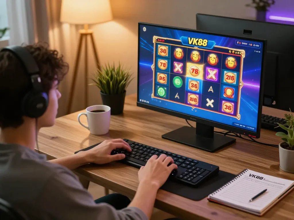 Engaging player enjoying VK88 slot game on a modern home setup with strategic notes.