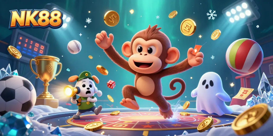 Experience thrilling gameplay at NK88 with a mischievous monkey juggling gold coins and sports elements.