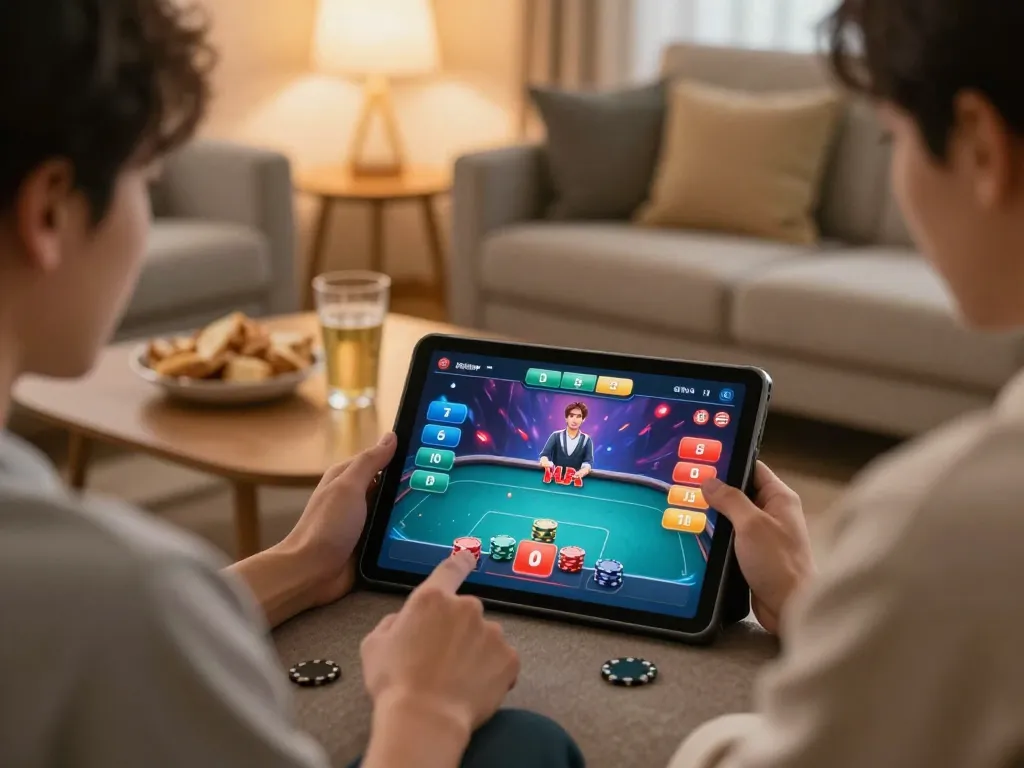 Players focusing on the g28 online poker game interface on a tablet with snacks and drinks in a cozy home.