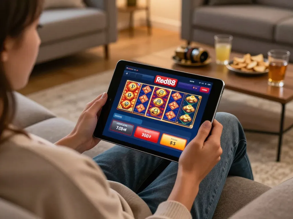 Engaging with the Red88 casino app at home, a relaxed vibe while playing online slots and poker.