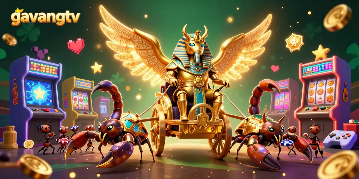 Engage with the vibrant 3D casino scene showcasing gavangtv featuring a colossal scarab beetle and casino elements.