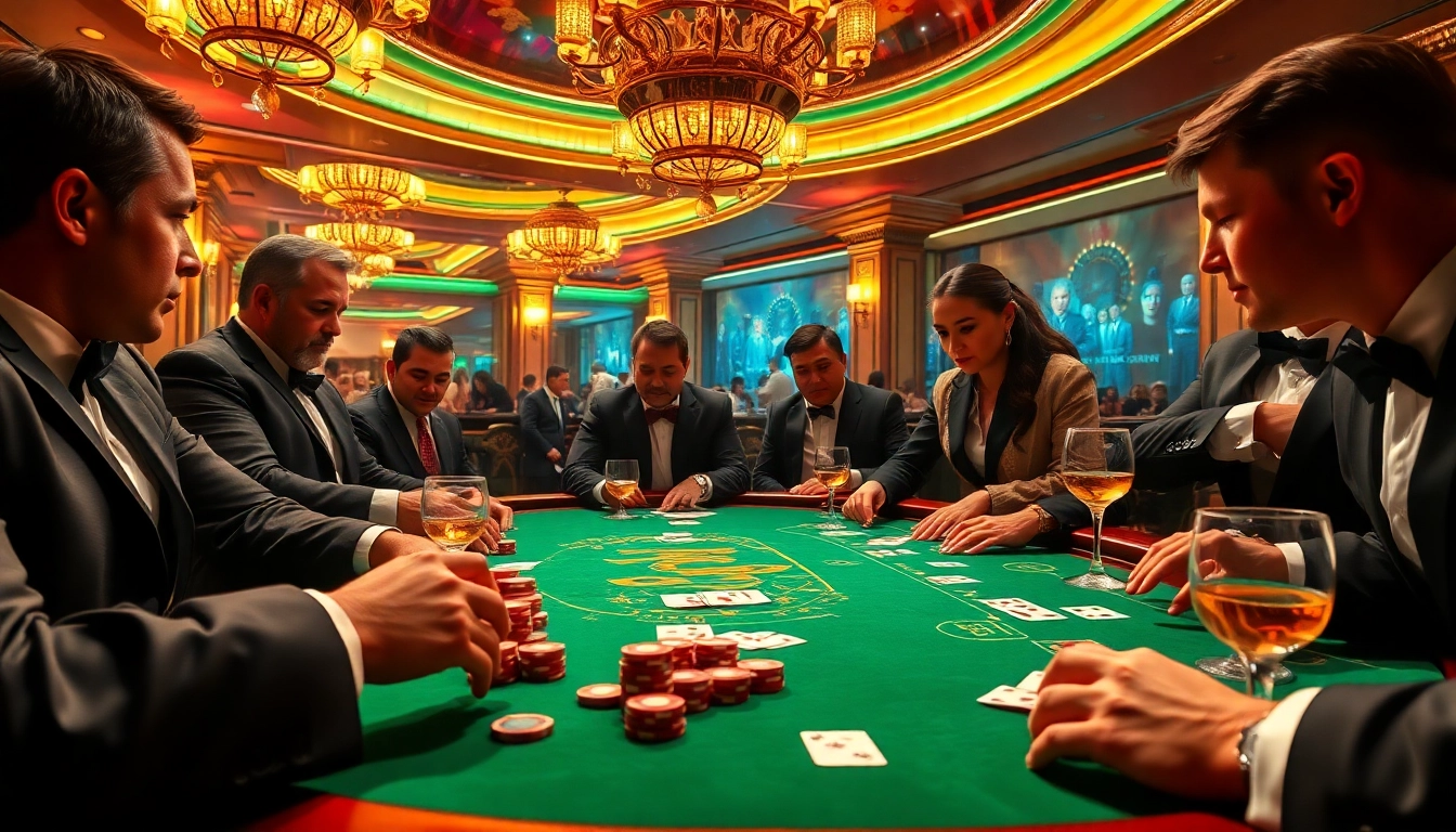 Experience the thrill of gambling at https://cm88bet.us/casino-cm88/ with a luxurious poker table surrounded by elegant players and vibrant elements.