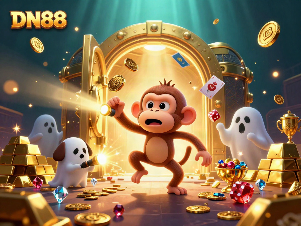 Join the excitement at DN88 with a playful monkey and ghost-hunter exploring a bustling casino scene.