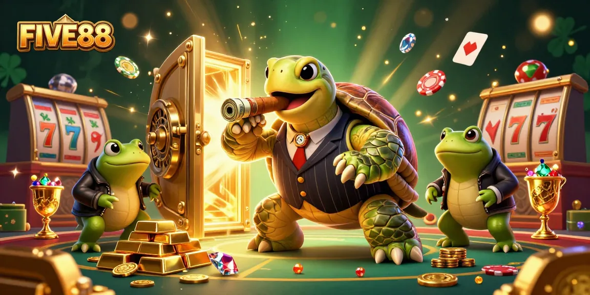 Experience the thrill of FIVE88 with a cartoon turtle mobster and frog enforcers in a rich casino scene.
