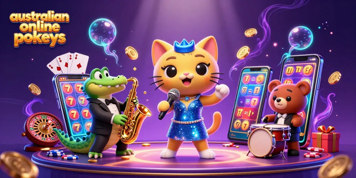 Engage with vibrant australian online pokies in a colorful 3D casino scene featuring dynamic characters and elements.