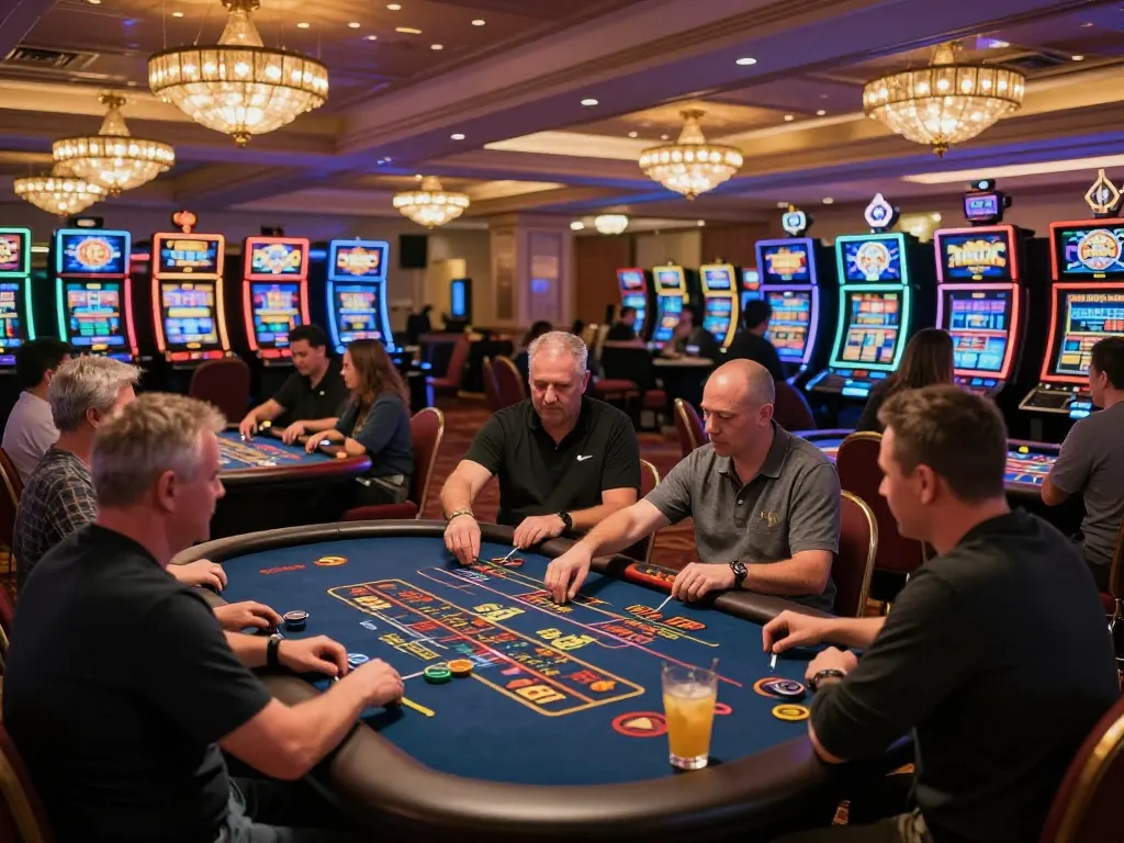 Players engaging at NHÀ CÁI VIN88 casino tables, surrounded by lively gaming atmosphere and excitement.