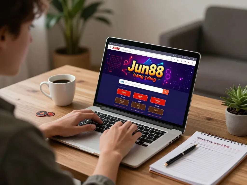 Engaging online gameplay scene showing a user logging into Jun88 đăng nhập on a laptop while enjoying a comfortable home environment.