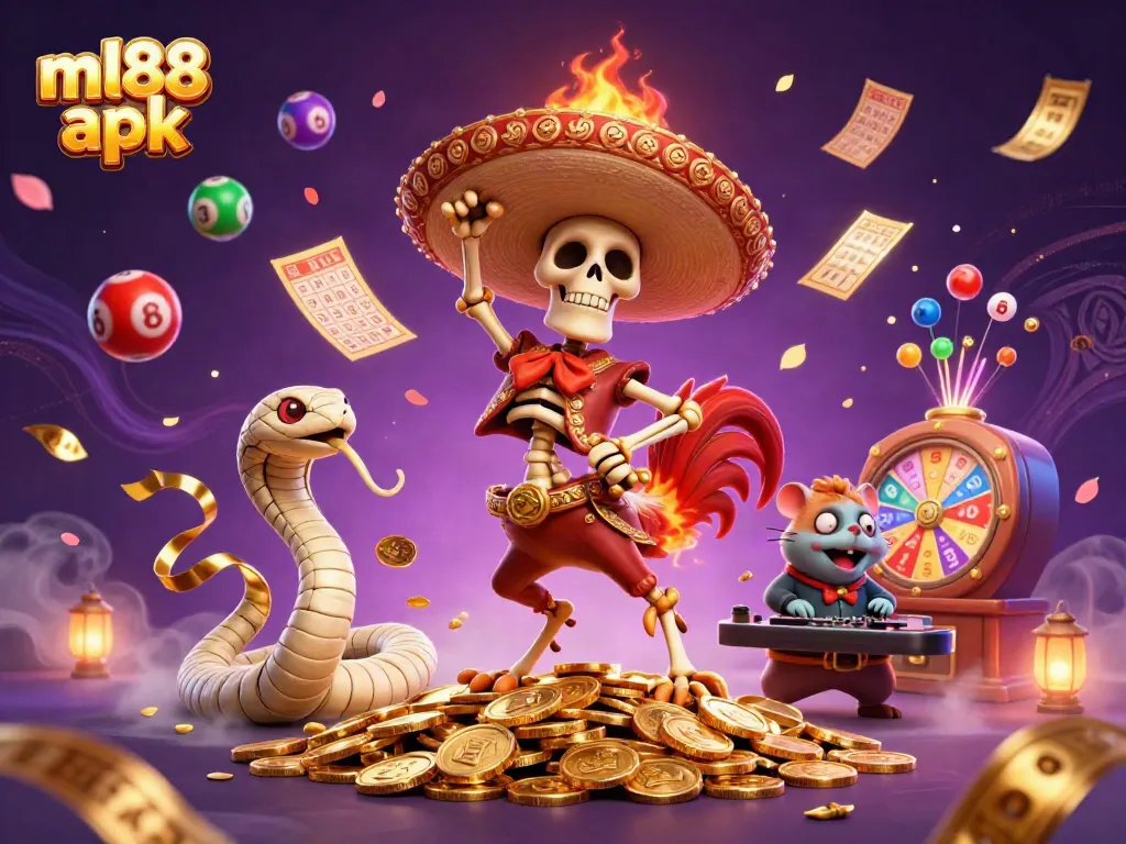 Experience the excitement of ml88 apk with a dynamic 3D scene featuring colorful elements, gold coins, and animated casino characters.